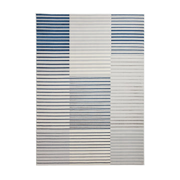 Apollo 2681 Modern Geometric Striped Linear Blocks Distressed Metallic Shimmer High-Density Textured Low Profile Short-Pile Grey/Navy/Cream Rug-Think Rugs-Rug Love - The Most Loved Rug Store